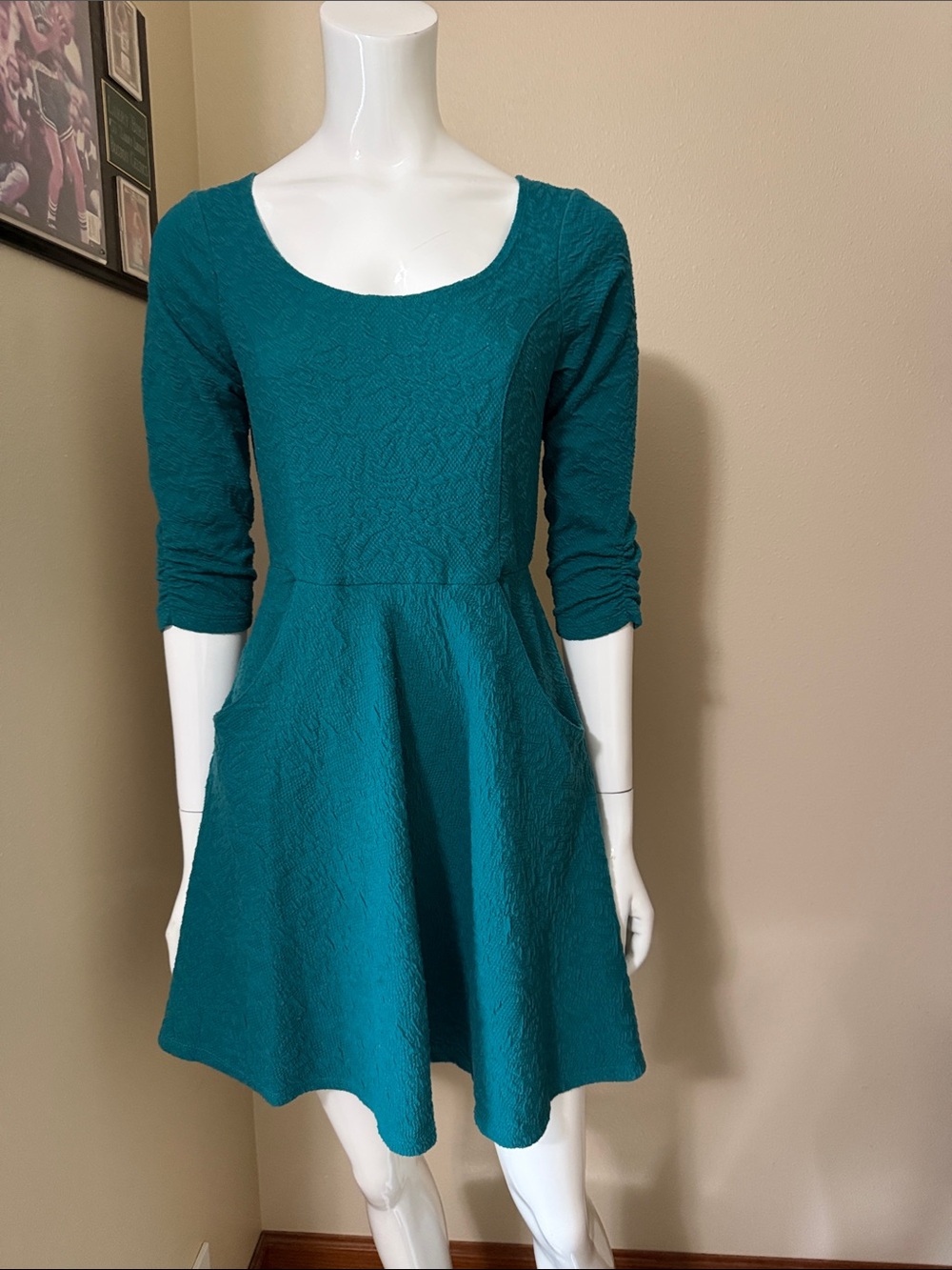 Teal Scoop Neck Fit & Flare Dress with Pockets, size M